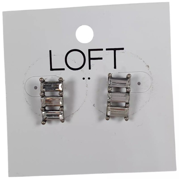 LOFT Clear Baguette Rhinestone Bar Stud Earrings Pierced Silver Tone