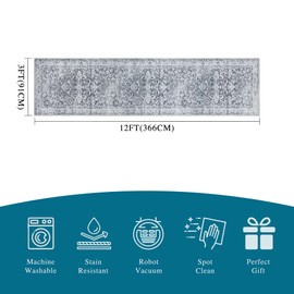 3x12 Hallway Washable Runner Rug : Vintage Soft Kitchen Bathroom Laundry Runner Non Slip Backing Farmhouse Entryway Floor Mat Stain Resistant Carpet for Bedroom Living Room Distressd Beside Rug(Gray)