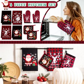Bencailor 8 Pcs Christmas Buffalo Plaid Kitchen Towel Pot Holders and Oven Mitts Set Santa Claus Dish Towels Snowman Deer Heat Resistant Oven Gloves for Xmas Cooking Baking Grilling