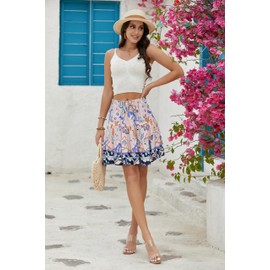 HECCPLI Women Floral Print High Waist Elastic A line Mini Skirt Bohemian Style Blue Pink