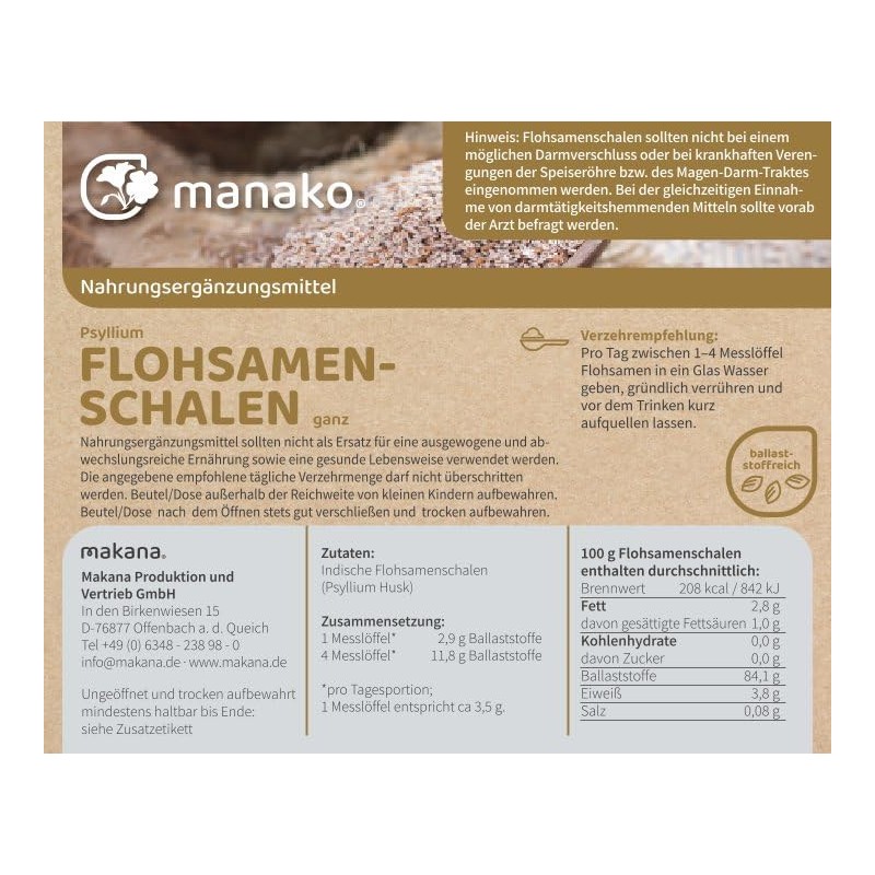 manako Psyllium Flohsamenschalen ganz, 500 g Beutel