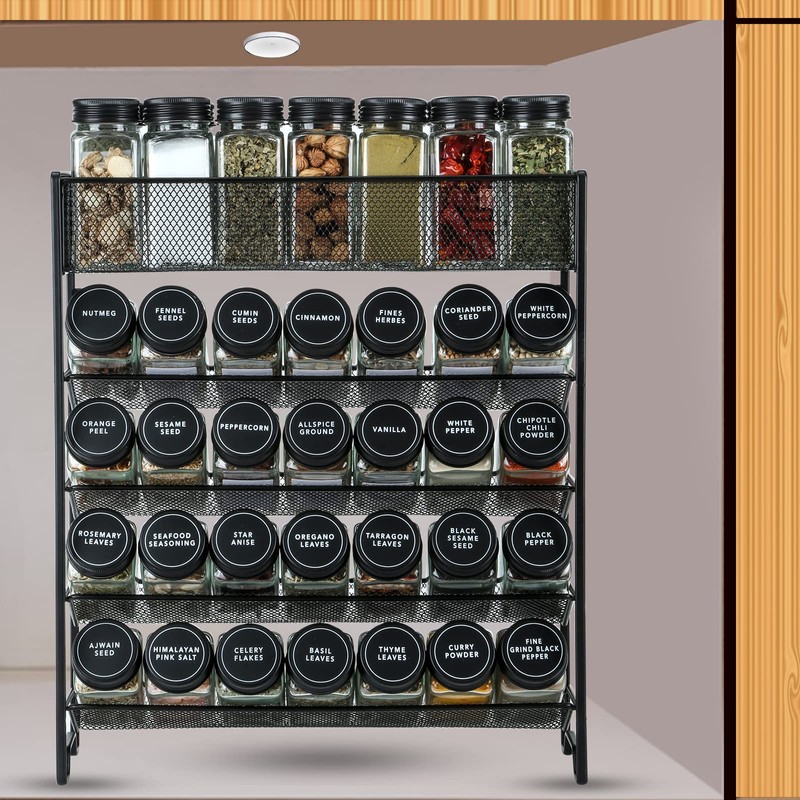 Skiileor Spice Rack Organizer with 28 Spice Jars, Black Lids，Spice