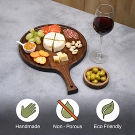 Round Walnut Wood Cutting and Serving Board with Handle - Charcuterie Wooden Board - Stylish Versatility for Your Kitchen - 14.6x10.6x0.8 in - Woodie Poppins