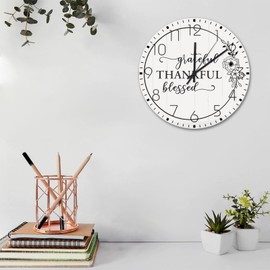 Wooden Wall Clock Battery Operated Non Ticking Grateful Thankful Blessed Beautiful Wall Clocks Spring Summer Green Wreath Wooden Wall Decor for Restaurant Bedroom Above Fireplace 12 Inch