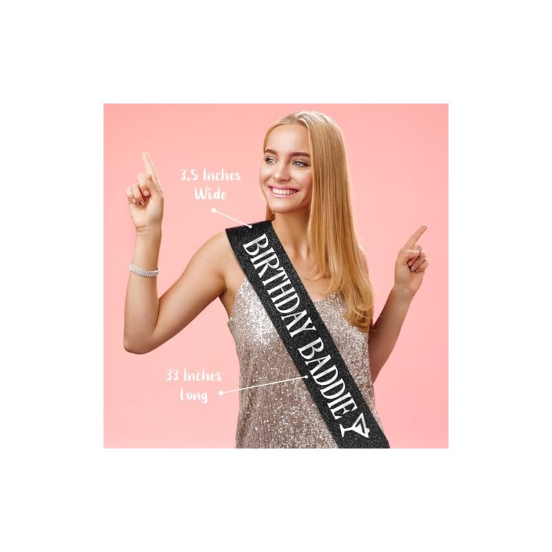 PartyForever Birthday Baddie Sash – Black Glitter Sash with Silver