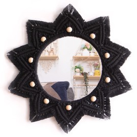 TENEWEE Boho Wall Hanging Mirror Macrame Bohemian Round Mirror for Bedroom Living Room Apratment