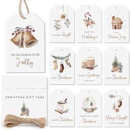 AUDREE 50 Pcs Christmas Gift Tags with String - Cozy Holiday Gift Tags for Xmas Presents - Christmas Name Tags for Gifts - Hanging Labels Decoration Xmas Winter Holiday Present DIY Crafts