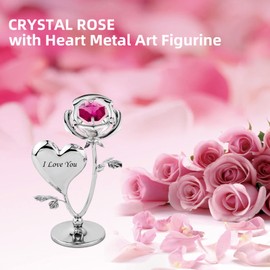 Crystocraft Crystal Rose with Heart Figurine, Rose Decoration with Austrian Crystal, Mini Rose for Craft, Rose Ornament Gift for Valentine's Day Anniversary Birthday Christmas (I Love You(Red))