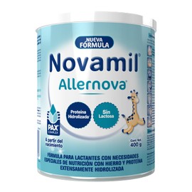 NOVAMIL ALLERNOVA - Etapa desde el nacimiento hasta los 36 meses. Fórmula para bebés y niños con intolerancia a la lactosa o alergia a la proteína de leche, fomenta un óptimo crecimiento y desarrollo. Lata con 400g