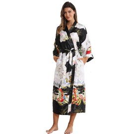 Women's Satin Kimono Robe Floral Long Silky Robes Bridal Kimonos Bridesmaid Party Dressing Gown, Japanese Style Black, XX-Large-3X-Large Plus