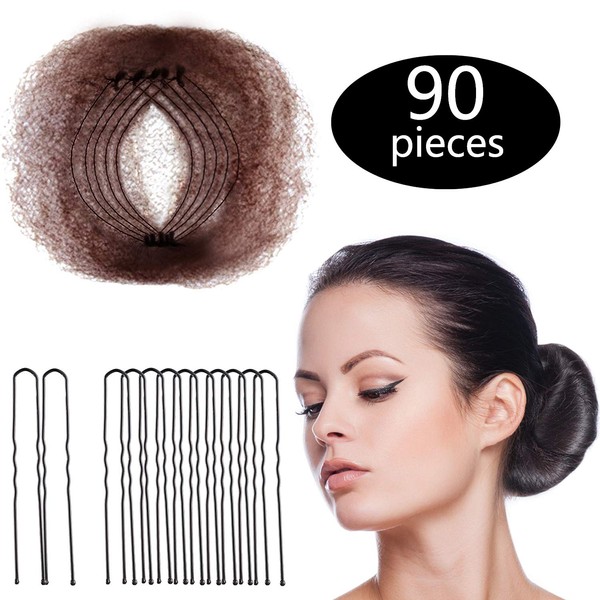 Zonon Hair Nets Invisible Elastic Edge Mesh and U Shaped Pins Set, 50 Pieces 50 cm Individual Package Invisible Hair Nets, 40 Pieces U Shaped Pins for Ballet Bun, Sleeping, Women and Wig (Brown)