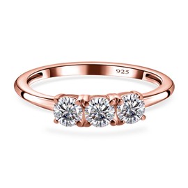 TJC Three Stone Ring White Cubic Zirconia CZ in Rose Gold Plated 925 Sterling Silver for Women Size V with Prong Setting Metal Wt. 1.19 Grams