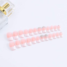 Bomine French Press on Nails Length Long Square Fake Nails Pink Stick on Acrylic False Nails Manicure Medium Polished Tips Faux Nails Glossy Full Cover Nails Tips for Women and Girls 24Pcs (French 3)