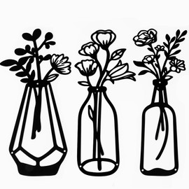 3 Pieces Black Metal Flowers Wall Decor Metal Vase Wall Art Metal Wall Sculptures Hanging for Indoor Kitchen Bathroom 14.37x6.69 inches