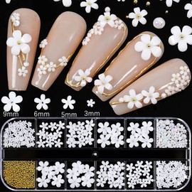 White Flowers Nail Art Decoration, Five Petals Floral Nail Art Resin Rhinestone, Blossom Pearl Beads Nail Glitter Sequins Studs for Women Girls Manicure Acrylic Supplies, DIY 3D Flower Nail Art Tips