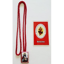 Escapulario Rojo Tejido de Hilo de El Sagrado Corazon y Tarjeta Laminada de Detente