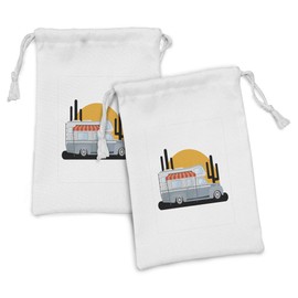 Ambesonne RV Fabric Pouch Set of 2, Outdoors Recreation Themed Cartoon Camper Trailer Sunset and Silhouette Cactus Plants, Small Drawstring Bag for Toiletries Masks and Favors, 9" x 6", Multicolor