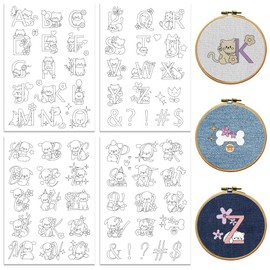 peacoblue Water Soluble Embroidery Patterns for Beginners 4 Sheets with 33pcs 26 Alphabet Animals Dog Cat Patterns, Wash Away Embroidery Pattern Stabilizer for Hand Sewing Lover Women Adult