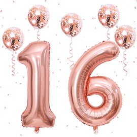 16th Birthday Balloons for Girls, 40 Inch Foil Self Inflating Number 16 Balloons with Rose Gold Confetti Balloons, Large Balloons for Women 61st Birthday Party Decor Anniversary Decorations Supplies