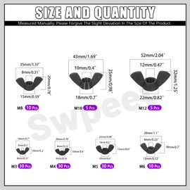 Swpeet 110Pcs 7 Sizes M3 M4 M5 M6 M8 M10 M12 Metric Black Nylon Wing Nuts Butterfly Nut Assorment Kit, Hand Twist Tighten Ear Butterfly Nut Plastic Fastener Nuts for Home Automotive Shop Fasteners Use