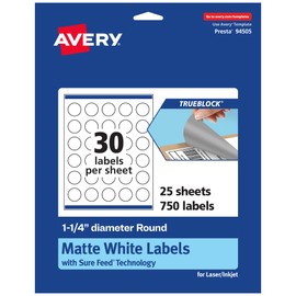 Avery TrueBlock Matte White Round Labels, Sure Feed Technology, 1.25" Diameter, 750 Matte White Labels, Print-to-The-Edge, Laser/Inkjet Printable, Great for Product Merchandising Stickers