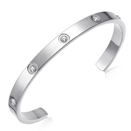 Generic BOLAGTIER Gold Plated Bracelet with Cubic Zirconia Stones Stainless Steel Bangle Minimalist Cuff Love Charm Bracelets for Women Teen Girls (C-Silver-Medium), 7in