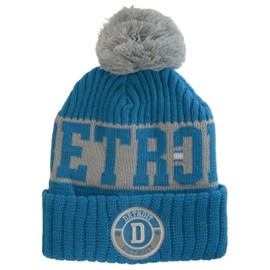 Detroit City Name Three Stripe Circular Patch Pom Beanie Winter Hat (Powder Blue/Light Gray)