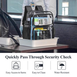 PACKISM Clear Backpack for School - 17 Inch Heavy Duty Clear Bookbag with PU Leather Straps 2 Front Pockets for Boys Girls Students, Transparent PVC See Through Backpacks, Black (Age 12+)