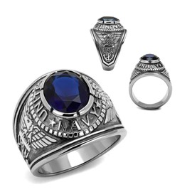 Eternal Sparkles Men's USA Navy Military Patriotic Masculine Ring Blue Stone in Silver Stainless Steel