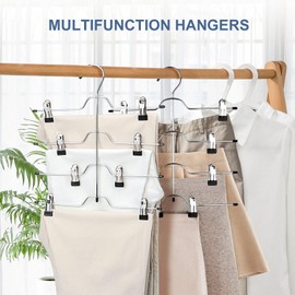 ZriEy 3 Pack Trouser Hangers with Clips, 4-Tier hangers for clothes Space Saving coat hangers, Skirt Hangers with 12 Adjustable Non Slip Clips, for Slacks, Jeans, Towels, Shorts,Skirt