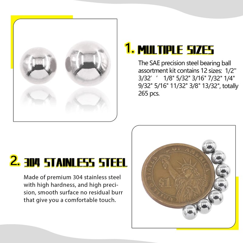 Mardatt 265 Pcs 12 Sizes Precision Bearing Steel Ball Assortment