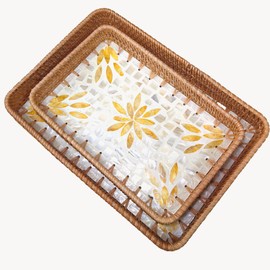 i-lan Set of 2 Rectangle Rattan Wicker Serving Trays with Mother of Pearl Inlay, 13",11.5" Decorative Long Table Tray,Counter Top Woven Basket and Storage for Display,Home Décor and Coffee Table