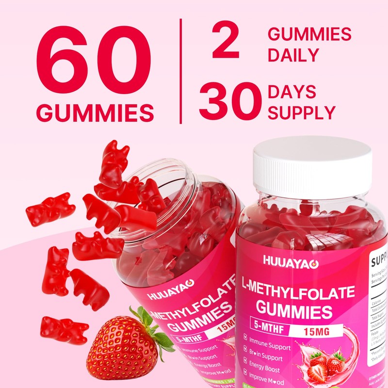 HUUAYAO L-Methylfolate 15 mg Gummies, Methylfolate Supplement, Folate 5-MTHF Supplement