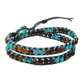 AeraVida Sea Turtle Double Wrap Bracelet with Tiger’s Eye and Simulated Turquoise Beads | Handcrafted Leather Bracelet with Turtle Toggle | Boho Nature-Inspired Jewelry