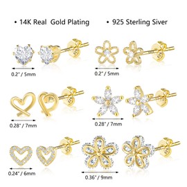 ALEXCRAFT Gold Stud Earrings for Women Small Stud Earrings Heart Cubic Zirconia Stud Earrings 6 Pairs 14k Gold Plated Stud Earrings Set for Women Girls