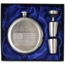 Betsy Ross 1776 Flag 10 oz Flask Gift Set with Shot Glasses & Funnel - Patriotic Souvenir in Elegant Black Gift Box