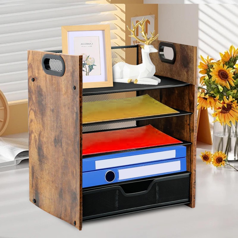 Boershun Wood Desk Organizer - 5-Tier Desktop File Organizer with