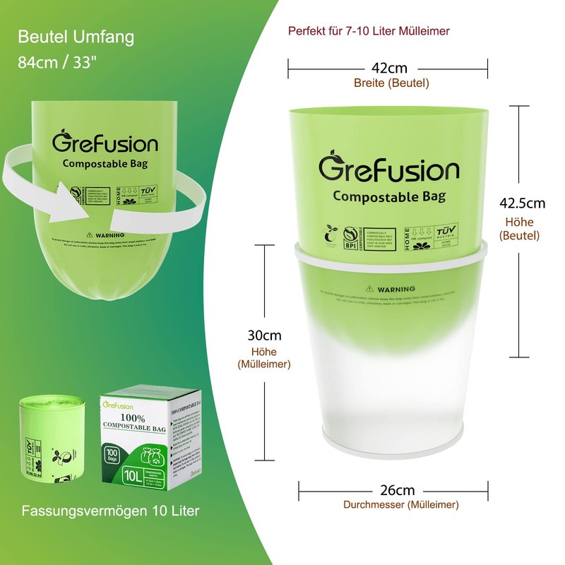 GreFusion Organic Waste Bags 10 Litre x 100 Biodegradable Foil