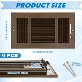 Wesiti 4 Pcs 12 x 6 Inch Vent Covers for Home Ceiling HVAC Sidewall Air Register 3 Way Vents Wall Register Solid Steel Manual Adjuster for Home Bathroom Toilet Office (Brown)