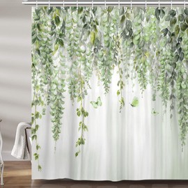 Sage Green Lavender Floral Butterfly Shower Curtain, Spring Green Lilac Flower Leaves Fabric Shower Curtains Set for Girl Bathroom Decorative, Watercolor Restroom Decor Accessories with Hooks 72X72 In