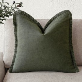 Foindtower Decorative Linen Fringe Throw Pillow Covers Cozy Boho Farmhouse Cushion Cover with Tassels Soft Accent Pillowcase for Chair Sofa Bed Living Room Home Decor, 24×24 Inch, 1PC,Dark Olive Green