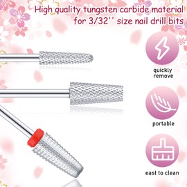 Juego de 3 brocas de uñas de carburo de uñas 5 en 1, juego de brocas para uñas de carburo cónico, brocas de carburo de 3/32 pulgadas en forma de cono de carburo para uñas acrílicas profesionales