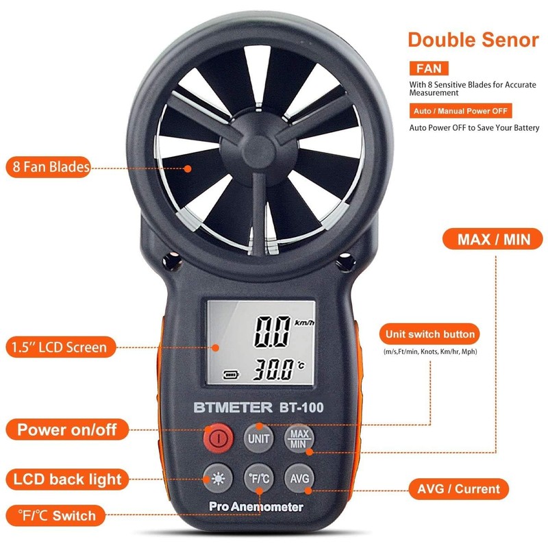 BTMETER BT-100 Wind Gauge Anemometer Wind Gauge Wind Speed Meter