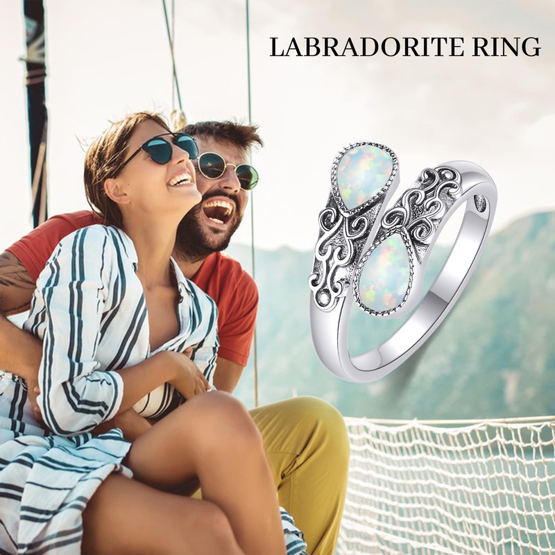 CUPENDA Opal Ring Sterling Silver Adjustable Band Open Rings Victorian