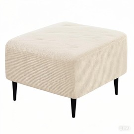 Square Footstool Cover Stretch Ottoman Cover Plush Soft,Ottoman Slipcover with Elastic Bottom Anti-Slip Footrest Stool Covers,Foot Stool Jacquard Slipcovers Washable Furniture Protector (Beige, L)