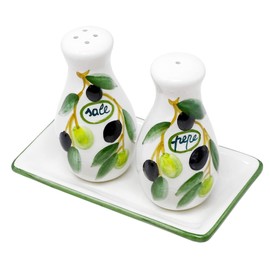 Hand Made Italian Ceramic Salt & Pepper Pots Set of 3 Olive Design with Tray Dimensions: 14 x 8 cm