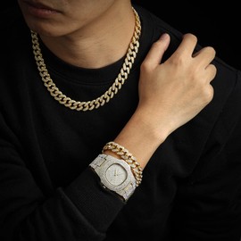 Halukakah Diamond Gold-Plated Watch, Men's 18 Carat Real Gold Plated/Platinum White Gold Plated Quartz Bracelet 24 cm, with Cuban Chain 20 cm Bracelet + 45 cm Necklace, Laboratory Diamonds, Free Gift