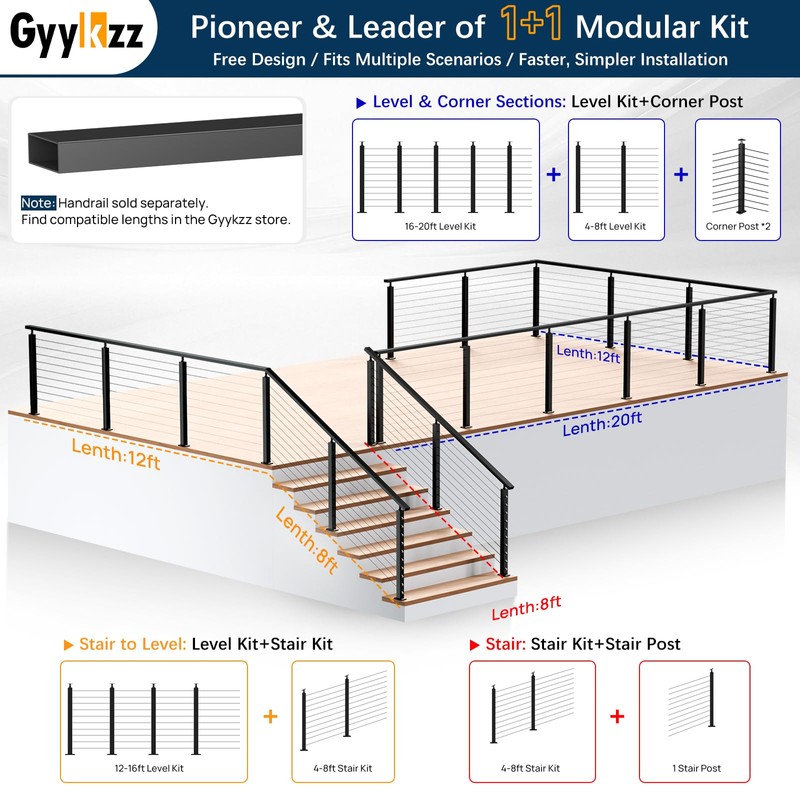 Gyykzz 36" T-drilled Cable Railing Corner Post, 90 Degree Three