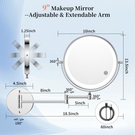 FUNTOUCH FUNTOUCH 9" 30X/1X Magnifying Wall Mounted Makeup Mirror, 4500mAh Rechargeable Double Sided Mirror with Light, 3 Color Lights,Touch Dimmable, 360 Rotation Extended Arm for Bathroom,Chrome