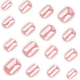 MIXFOSAHN Press on Nails Medium Sqaure Fake Nails Nude False Nails with White Border Designs Glossy Stick on Nails Full Cover Glue on Nails Acrylic Nails for Women Girls 24 Pcs